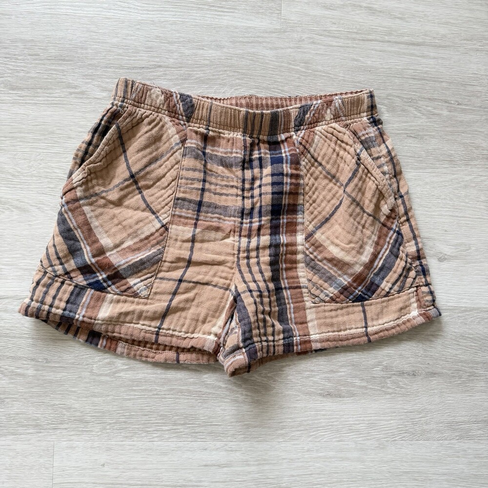 Aerie Shorts High-Waisted Plaid Gauze Brown Blue Size S Coastal Boho Summer